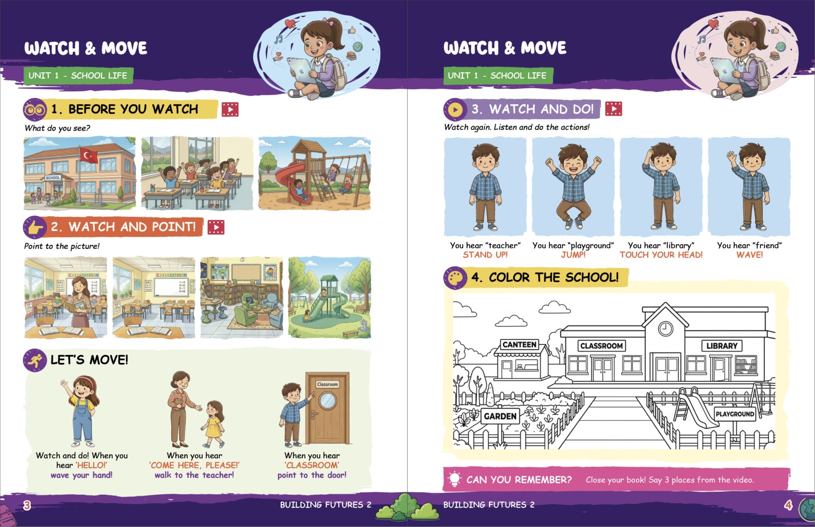 A Building Futures 2 Watch and Move spread with Let's Move! actions and a colour-the-school task