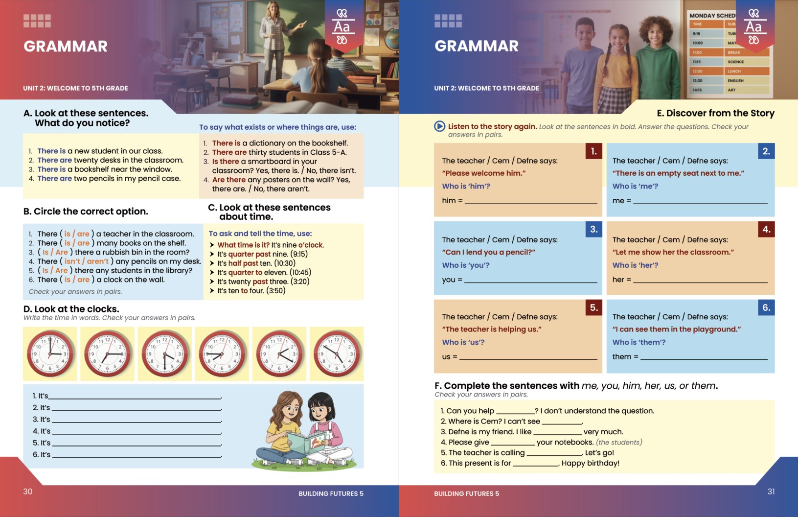 A Building Futures 5 grammar spread: learners notice there is and there are inside example sentences, with no rule box