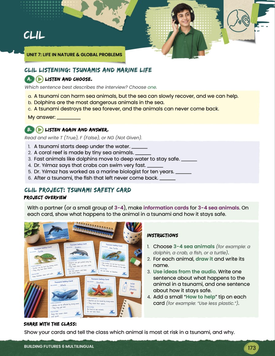 A Building Futures 6 Multilingual CLIL page on tsunamis and marine life with a safety-card project