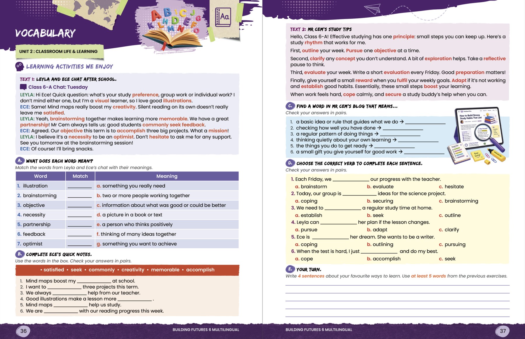 A Building Futures 6 Multilingual vocabulary spread with a student chat text and a study-tips blog