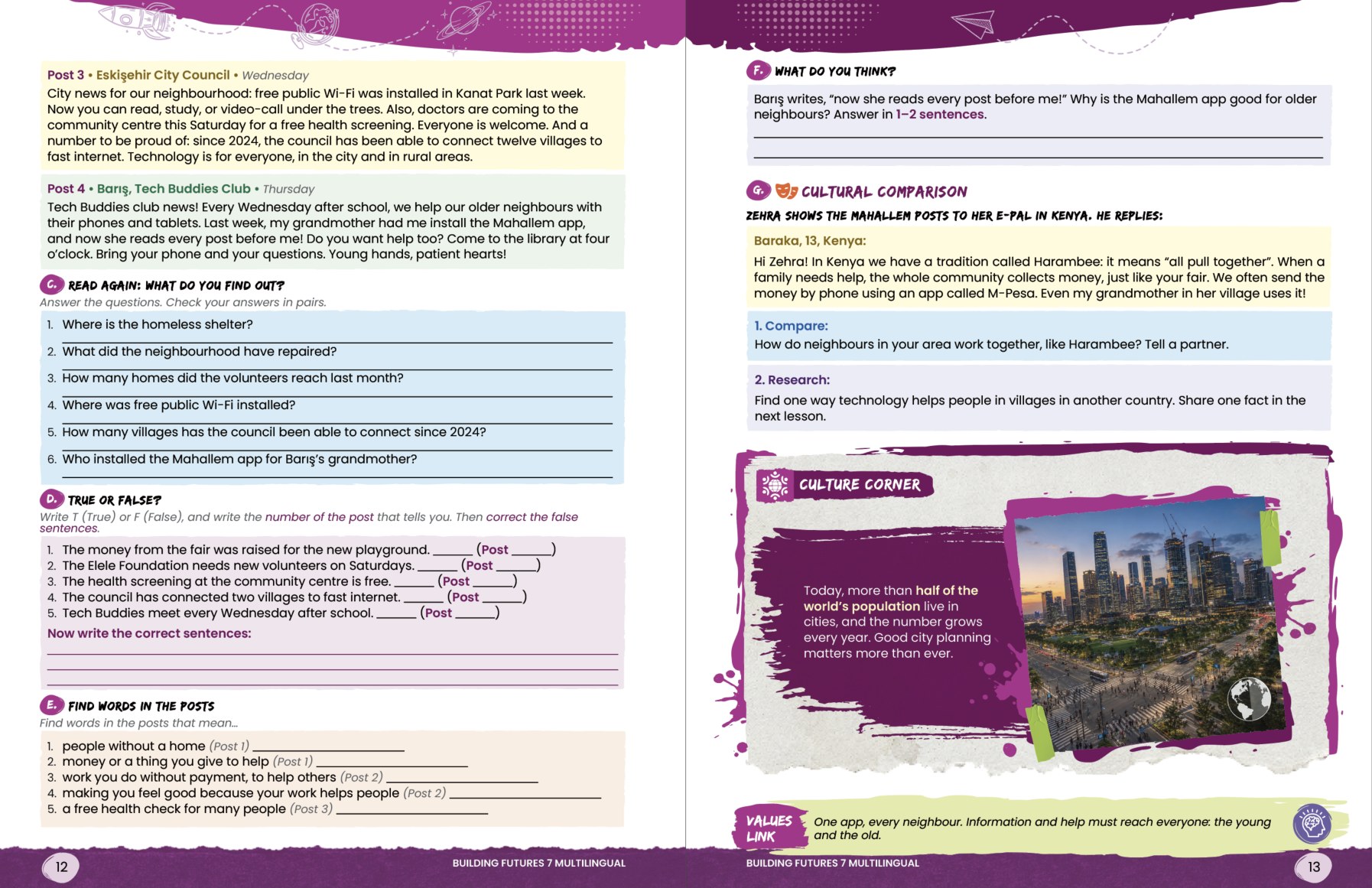 A Building Futures 7 Multilingual reading spread built as a social media feed called the Mahallem App