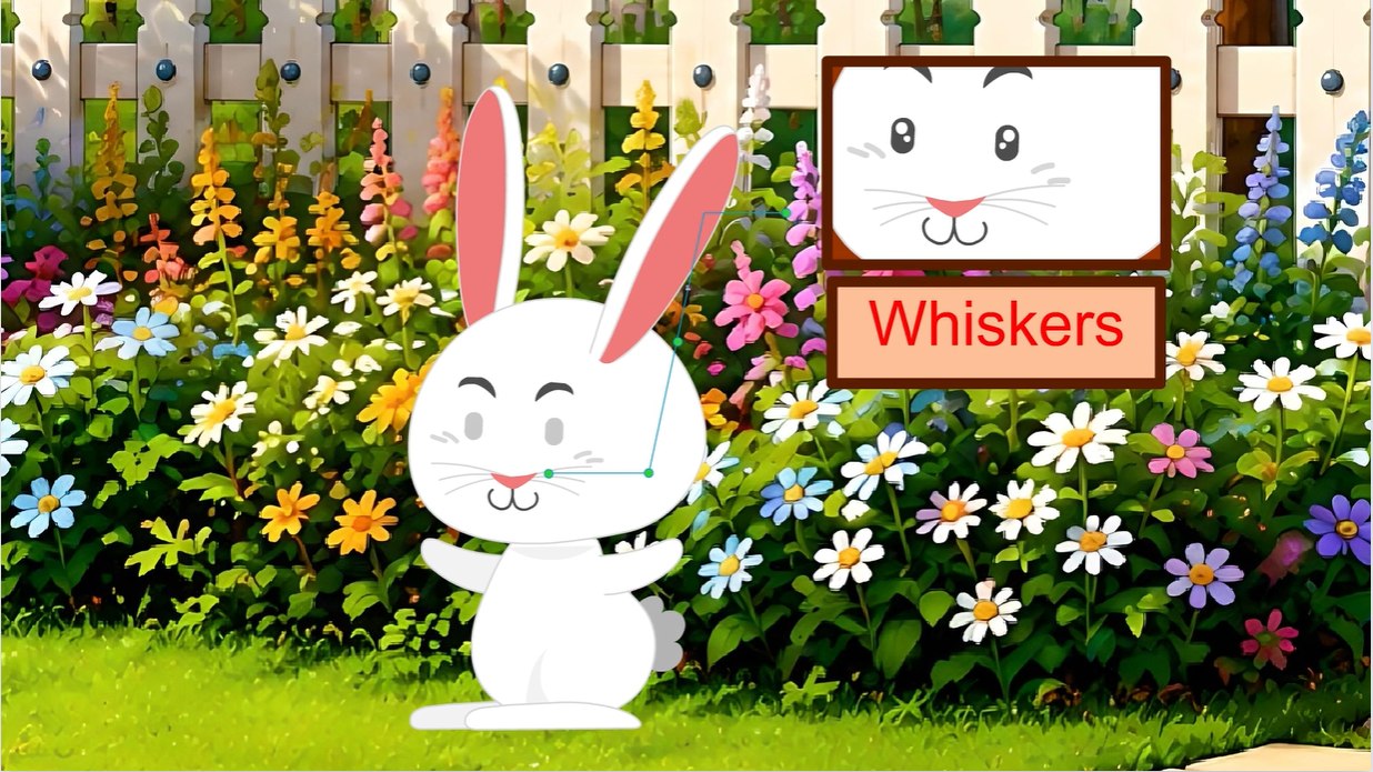 A still from a Building Futures animated story showing the character Whiskers with an on-screen vocabulary label