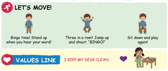 A values link panel from a Building Futures student page reading I keep my desk clean