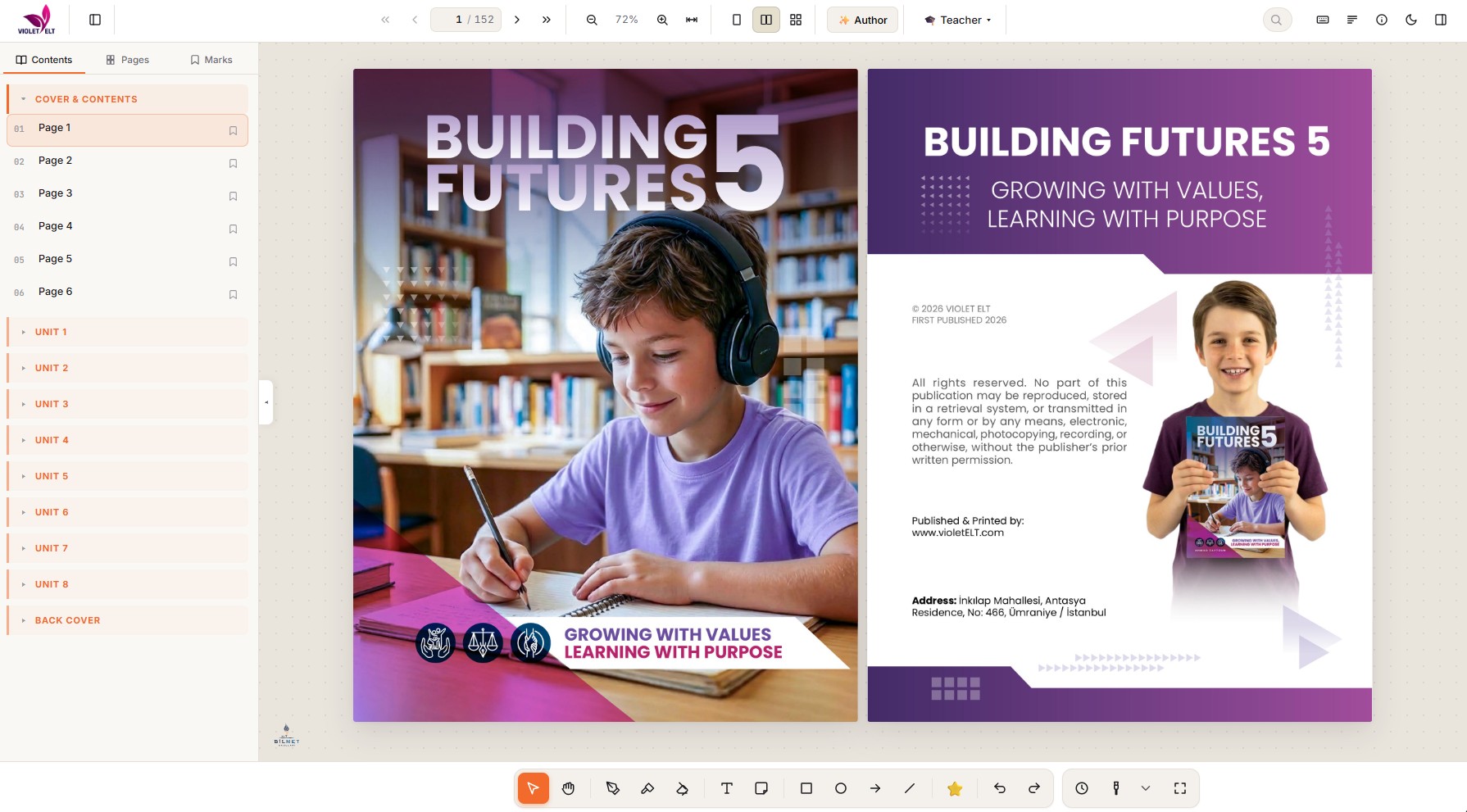 The vBook whiteboard software with a coursebook page open and its audio controls showing